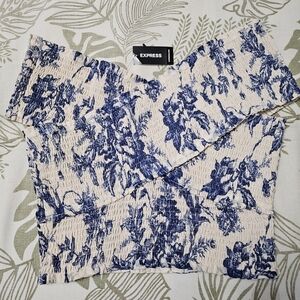 Express Cream Off-Shoulder Crop Top with Blue Floral Print